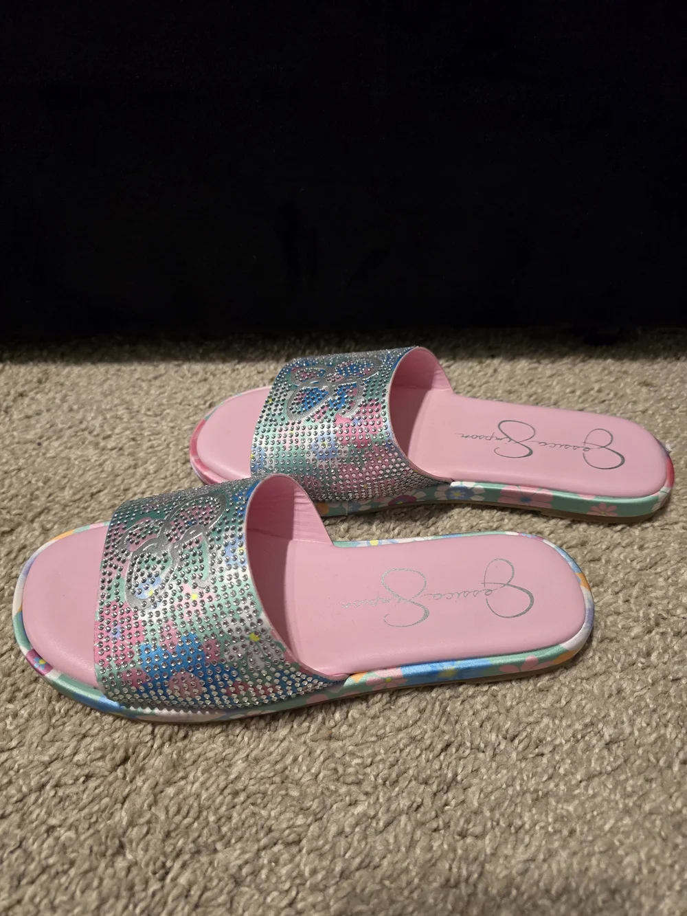 Jessica Simpson Pink Slide Sandals with Iridescent Rhinestone Straps